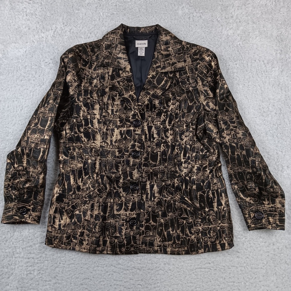 Chico's Blazer Women Size 2 Black Gold‎ Metallic Owl Print Button Front Jacket